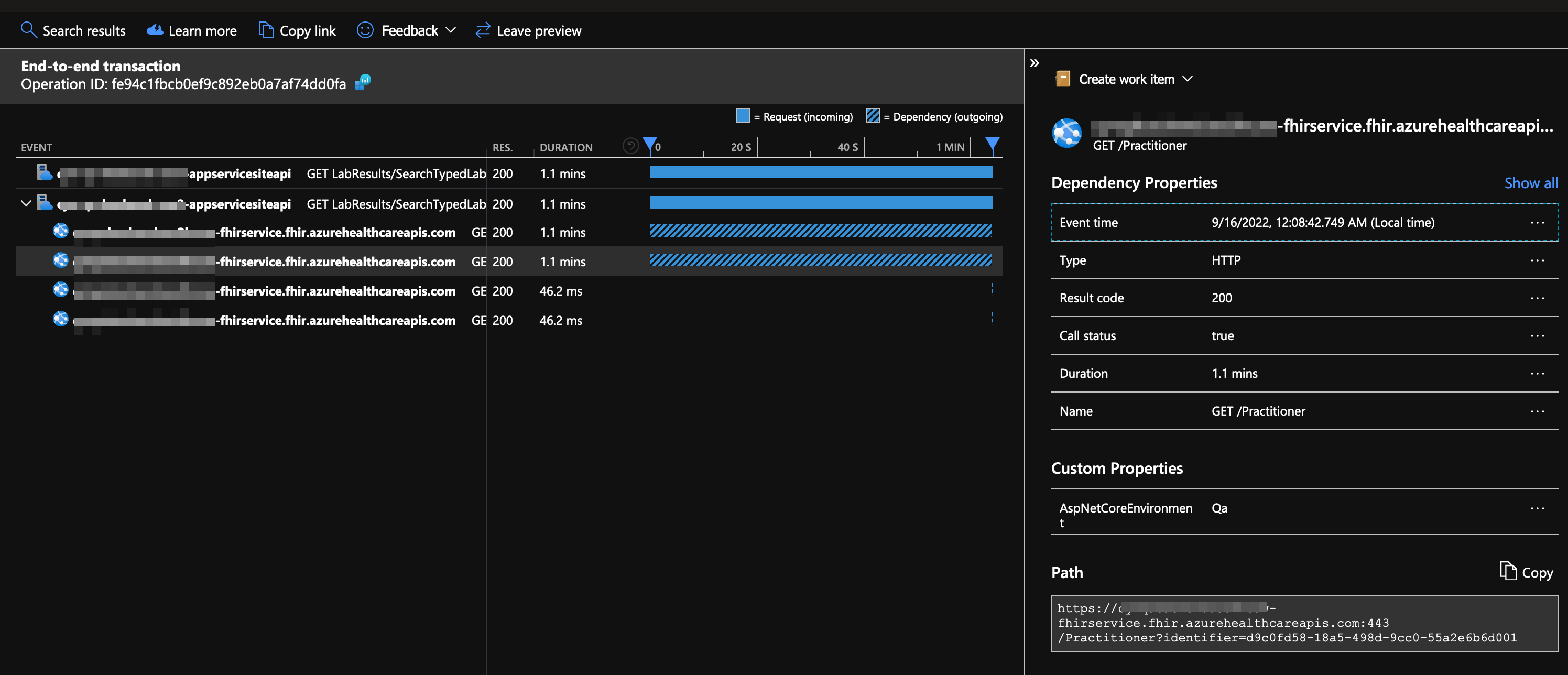 AppInsights showing a slow call to Azure FHIR service. Ignore the duplicate requests, this is a bug in our logging that duplicates everything 