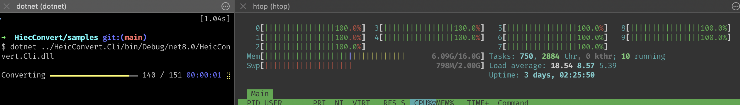 On left, converter progress bar. On right, HTOP showing full CPU utilization