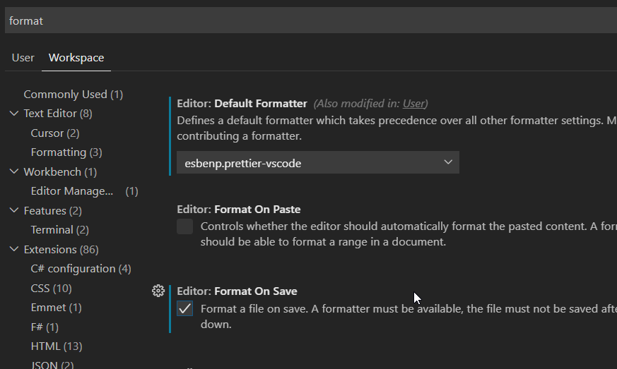 VS Code formatting settings for prettier